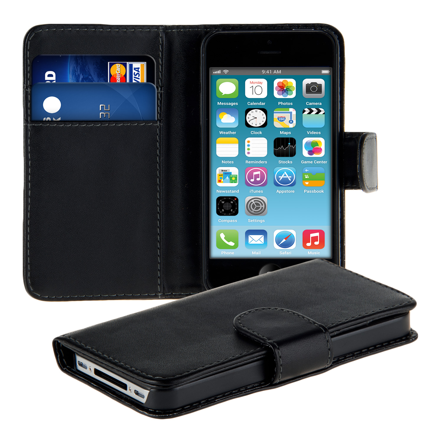 Cover Flip Tasche mit Kartenfach in Schwarz kwmobile Wallet Case Hülle für Apple iPhone 4 4S 