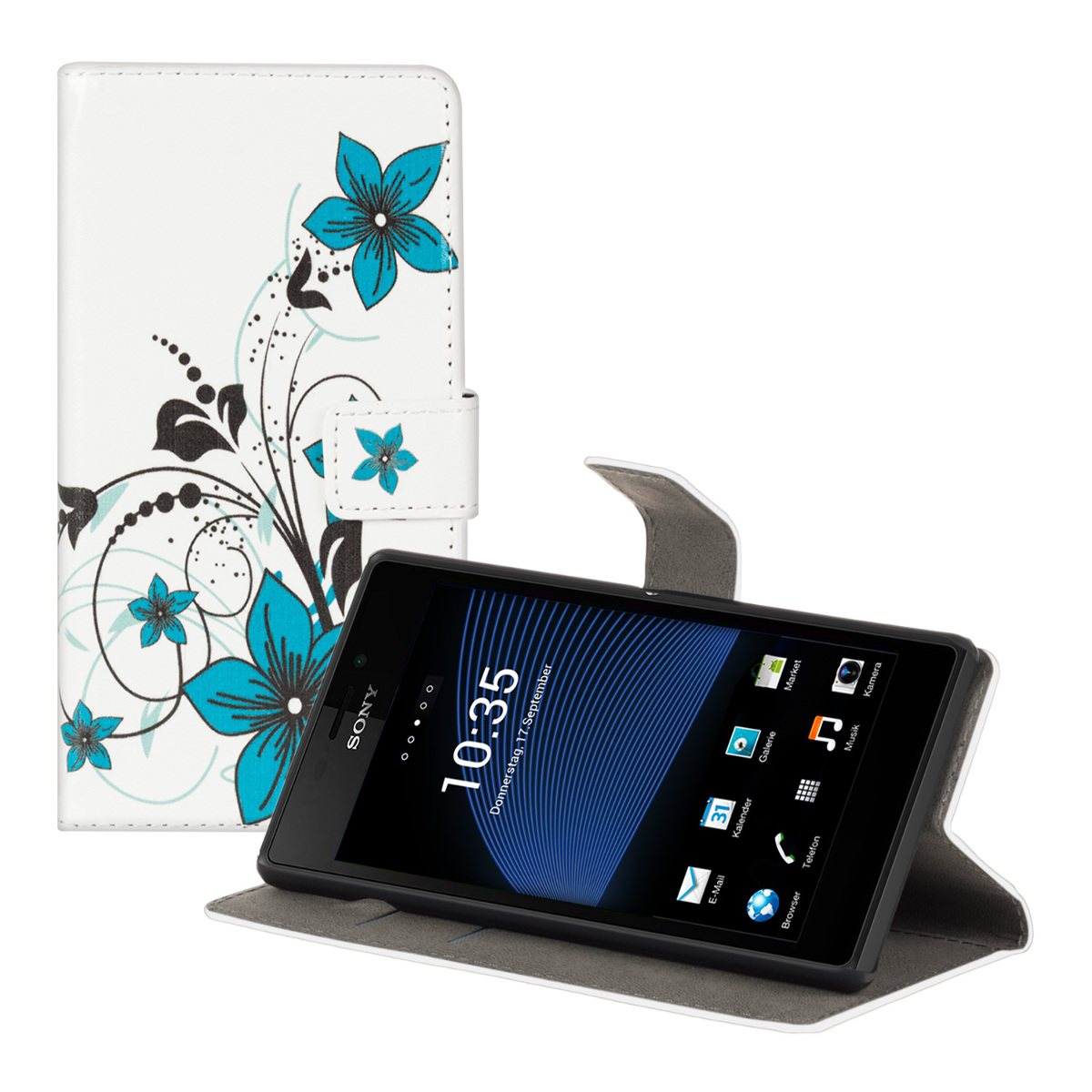 Kožené pouzdro | obal pro Sony Xperia M2 - Kaskádové květy modré / černé / bílá