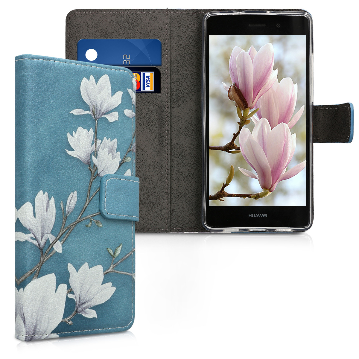 Peněženkové pouzdro pro Huawei P8 Lite (2015) - Magnolias Taupe / Bílá / Modrošedá