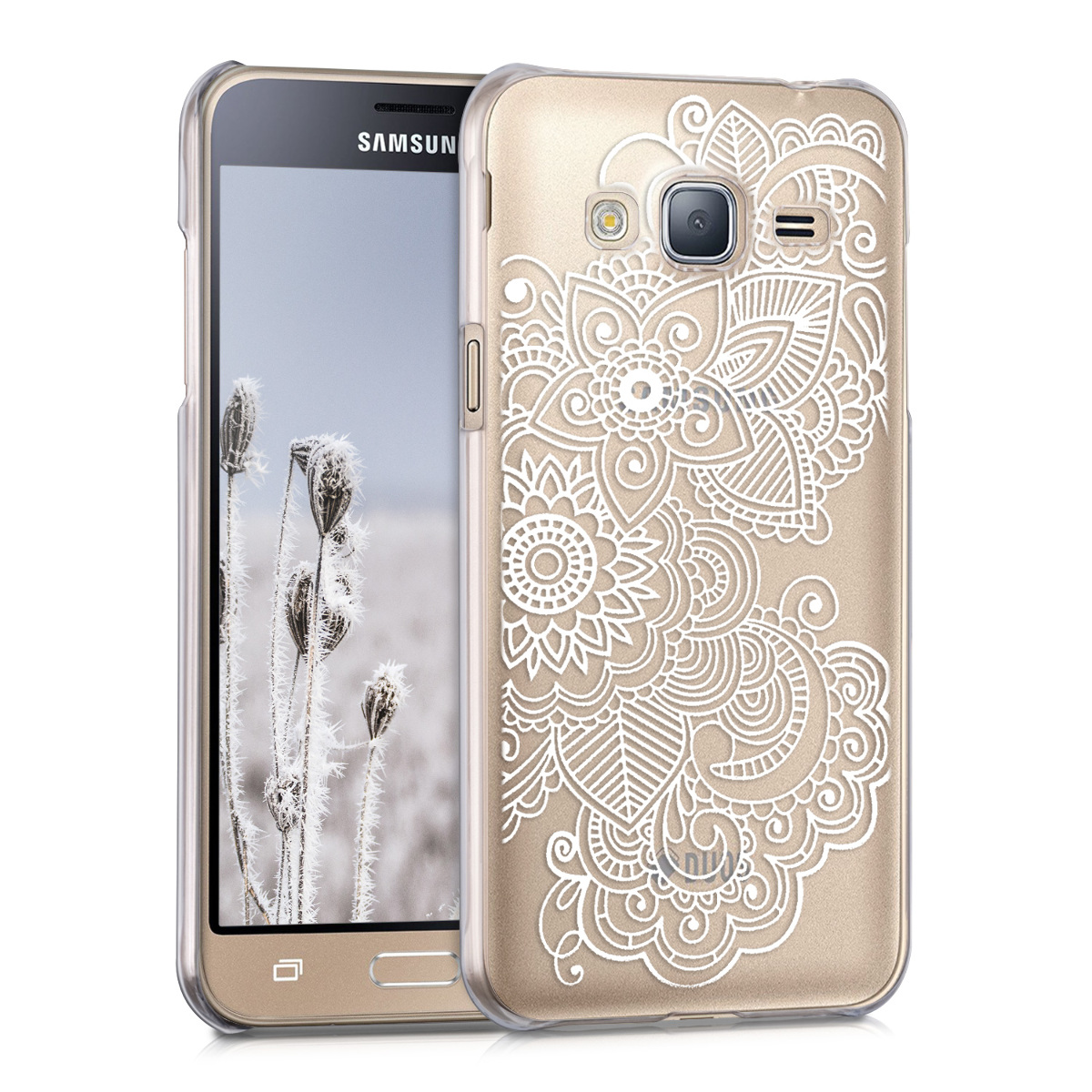 Kvalitní plastové pouzdro pro Samsung J3 (2016) DUOS - Etno-květiny bílé / transparentní