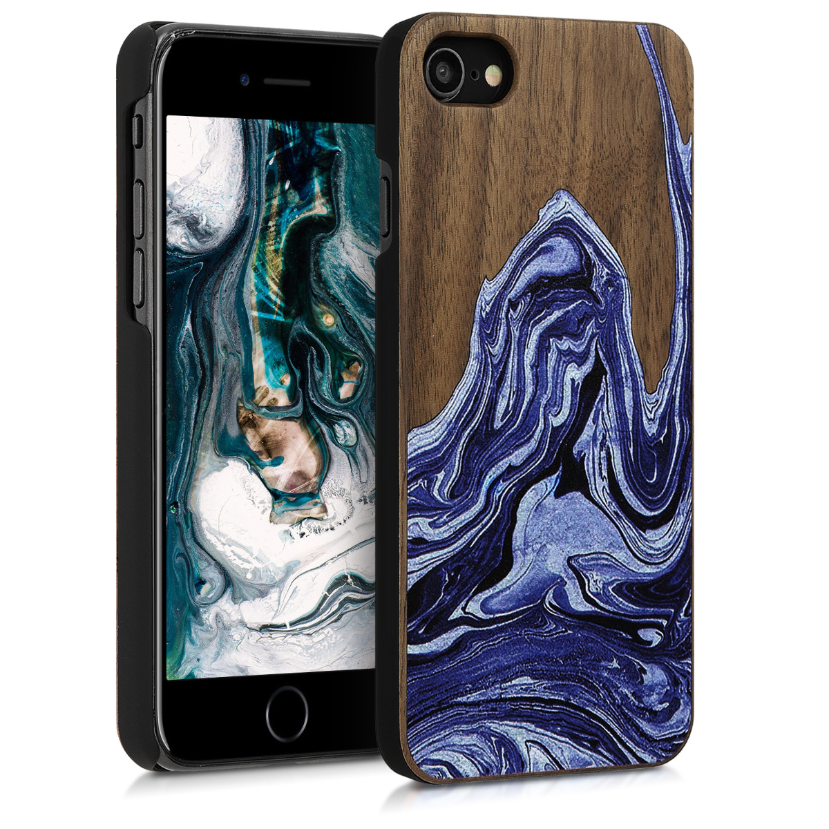 Dřevěné pouzdro pro Apple iPhone 7 / 8 / SE  - Akvarel Waves Dark Blue | Light Blue | tmavě hnědá