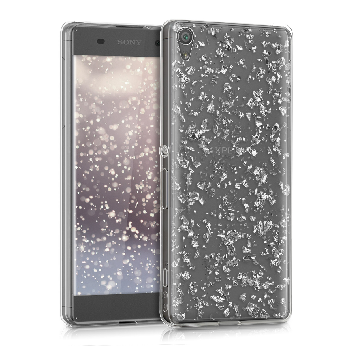 Kvalitní silikonové TPU pouzdro | obal pro Sony Xperia XA - Vločky stříbrné / průhledné