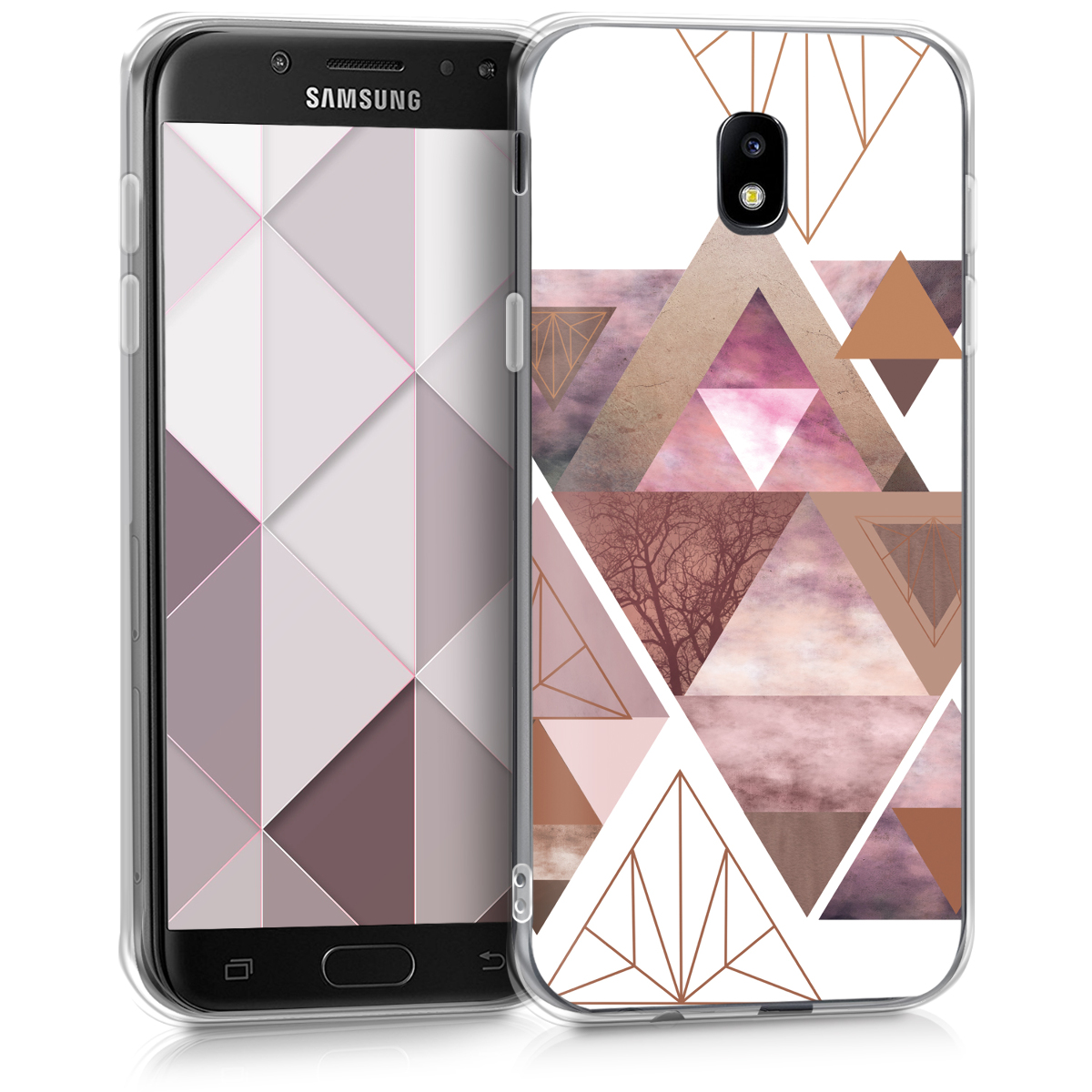 Kvalitní silikonové TPU pouzdro pro Samsung J5 (2017) DUOS - Patchwork trojúhelníky světle růžové / starorůžové rosegold / bílé