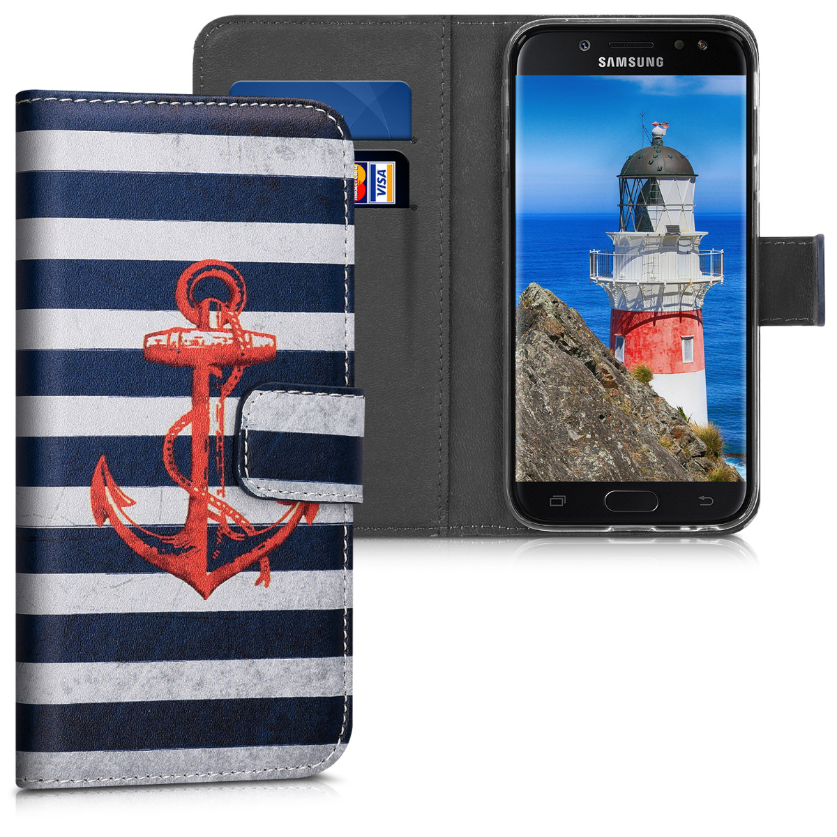 Kožené pouzdro pro Samsung J3 (2017) DUOS - Vintage Anchor Stripes červené / tmavě modré / bílé
