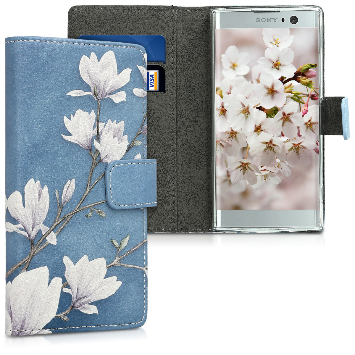 Kožené pouzdro | obal pro Sony Xperia XA2 - Magnolie Taupe / bílá / modré šedá