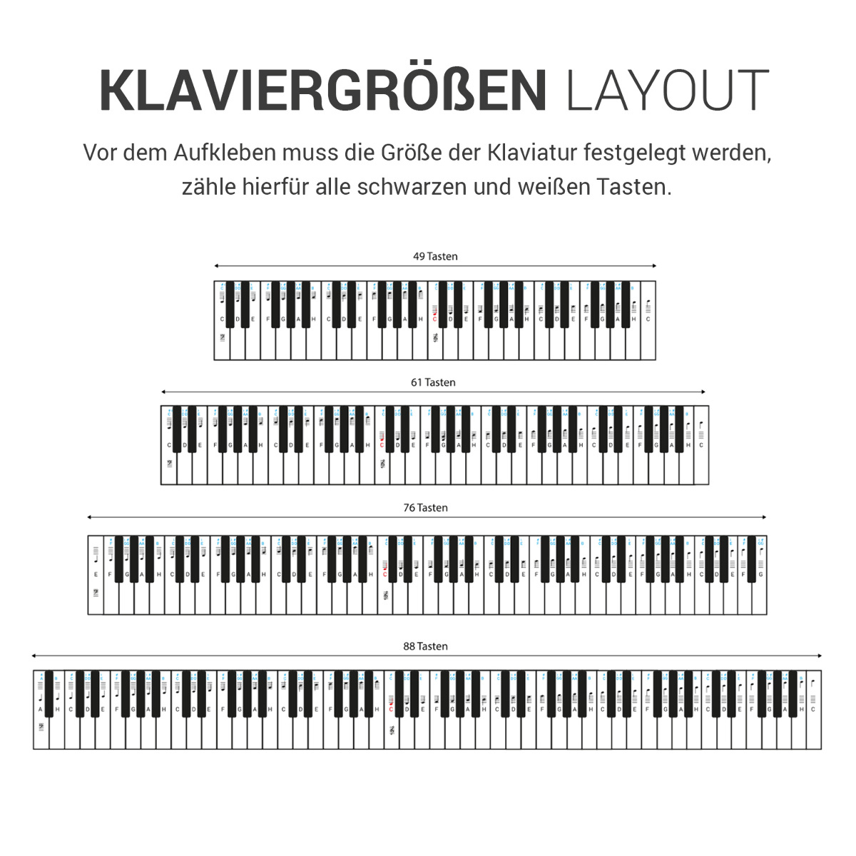 Keyboard Klavier Noten Aufkleber Deutsches Layout 49 61 76 ...