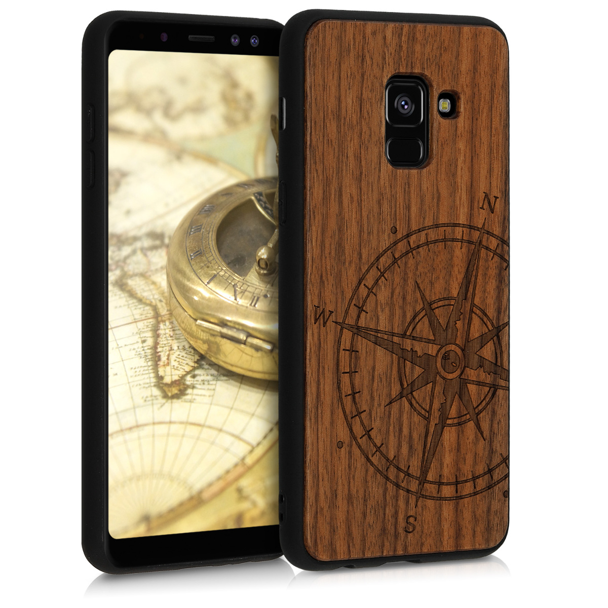 Dřevěné pouzdro pro Samsung A8 (2018) - Navigační Compass Dark Brown