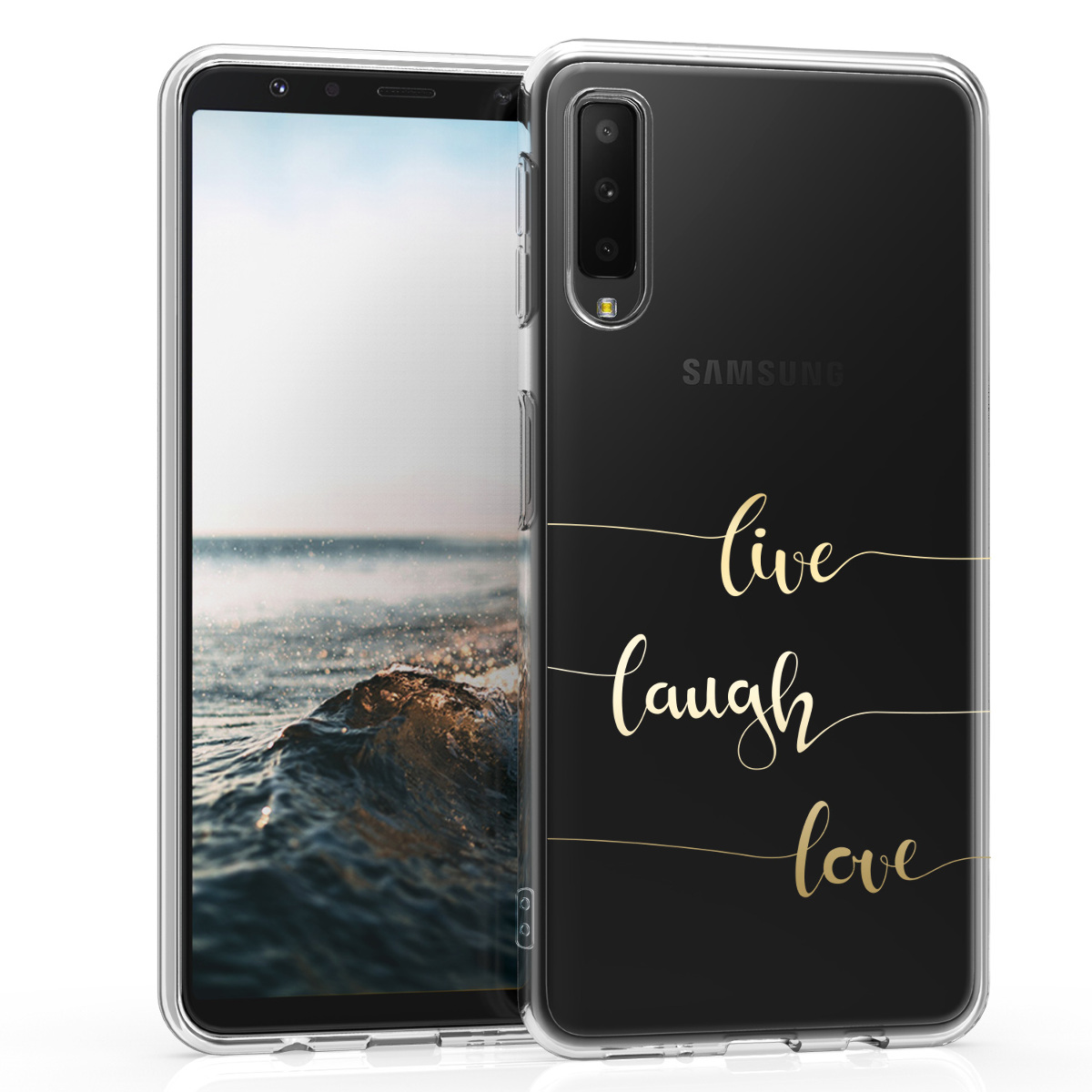 Kvalitní silikonové TPU pouzdro pro Samsung A7 (2018) - Žít, smích, láska Gold / transparentní