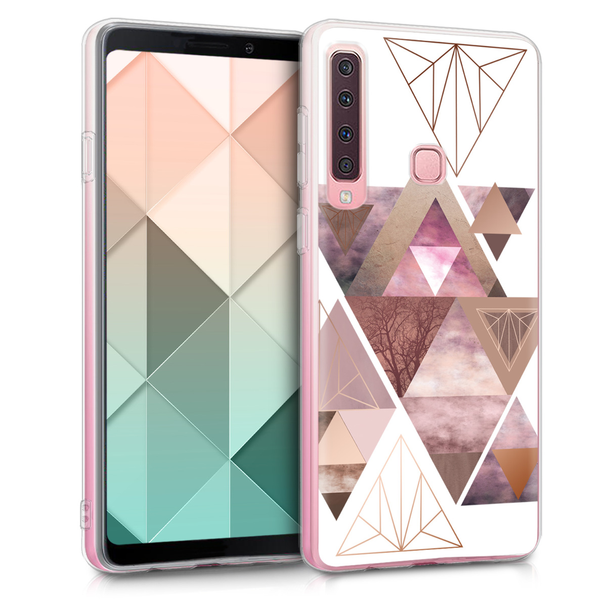 Kvalitní silikonové TPU pouzdro pro Samsung A9 (2018) - Patchwork trojúhelníky světle růžové / starorůžové rosegold / bílé