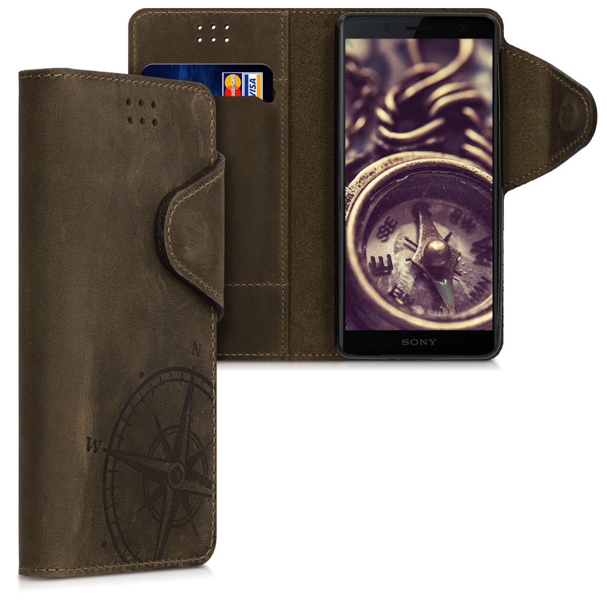 Kožené pouzdro | obal pro Sony Xperia XZ2 Compact - Navigační kompas hnědé