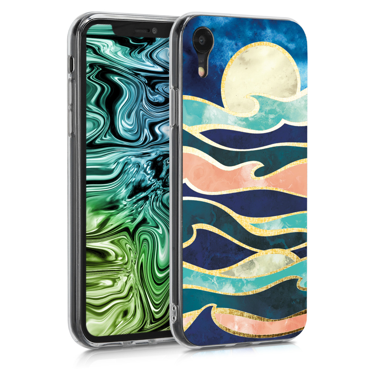 Kvalitní silikonové TPU pouzdro pro Apple iPhone XR - Měsíc a vlny Dark Blue | Coral | Gold