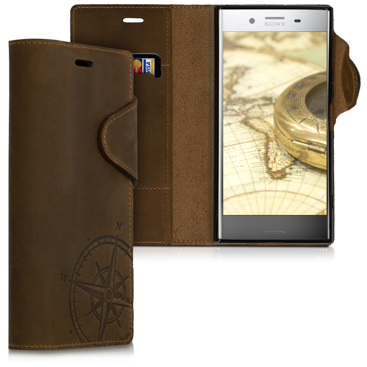 Kožené pouzdro | obal pro Sony Xperia XZ premium - Navigační kompas hnědé