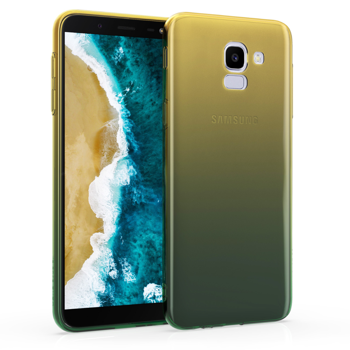 Kvalitní silikonové TPU pouzdro pro Samsung J6 - Bicolor žluté / zelené / transparentní