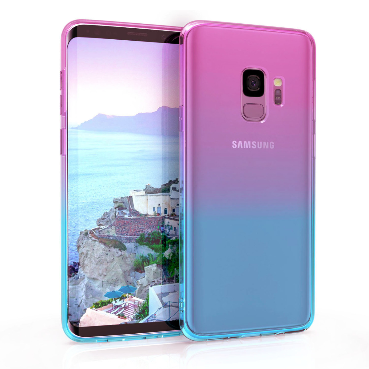 Kvalitní silikonové TPU pouzdro pro Samsung S9 - Bicolor tmavě růžová / modré / průhledná