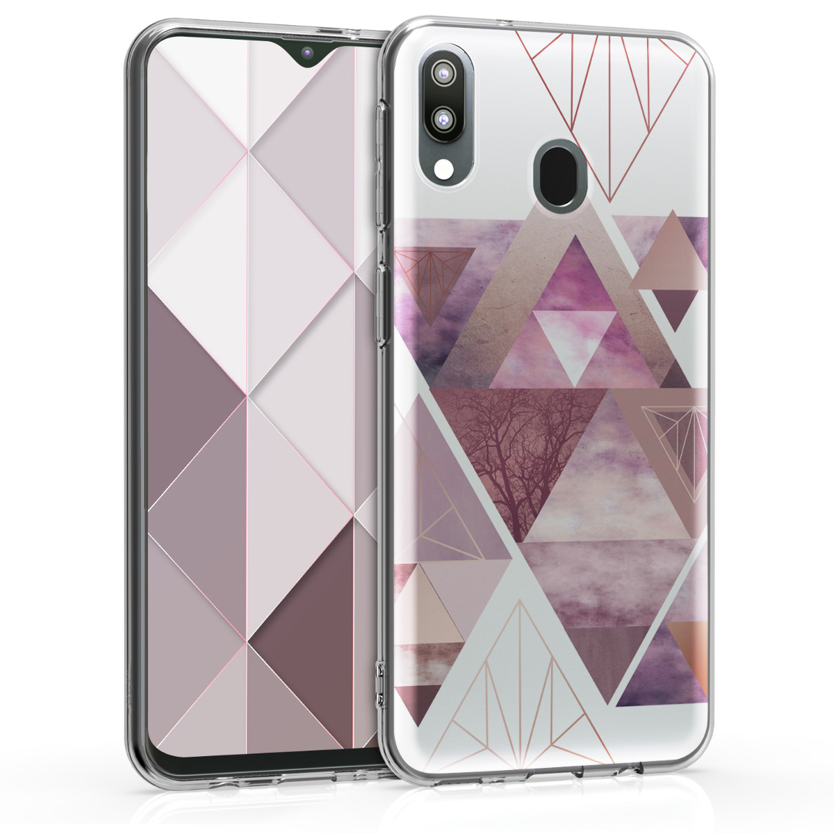 Kvalitní silikonové TPU pouzdro pro Samsung M20 (2019) - Patchwork trojúhelníky světle růžové / starorůžové rosegold / bílé
