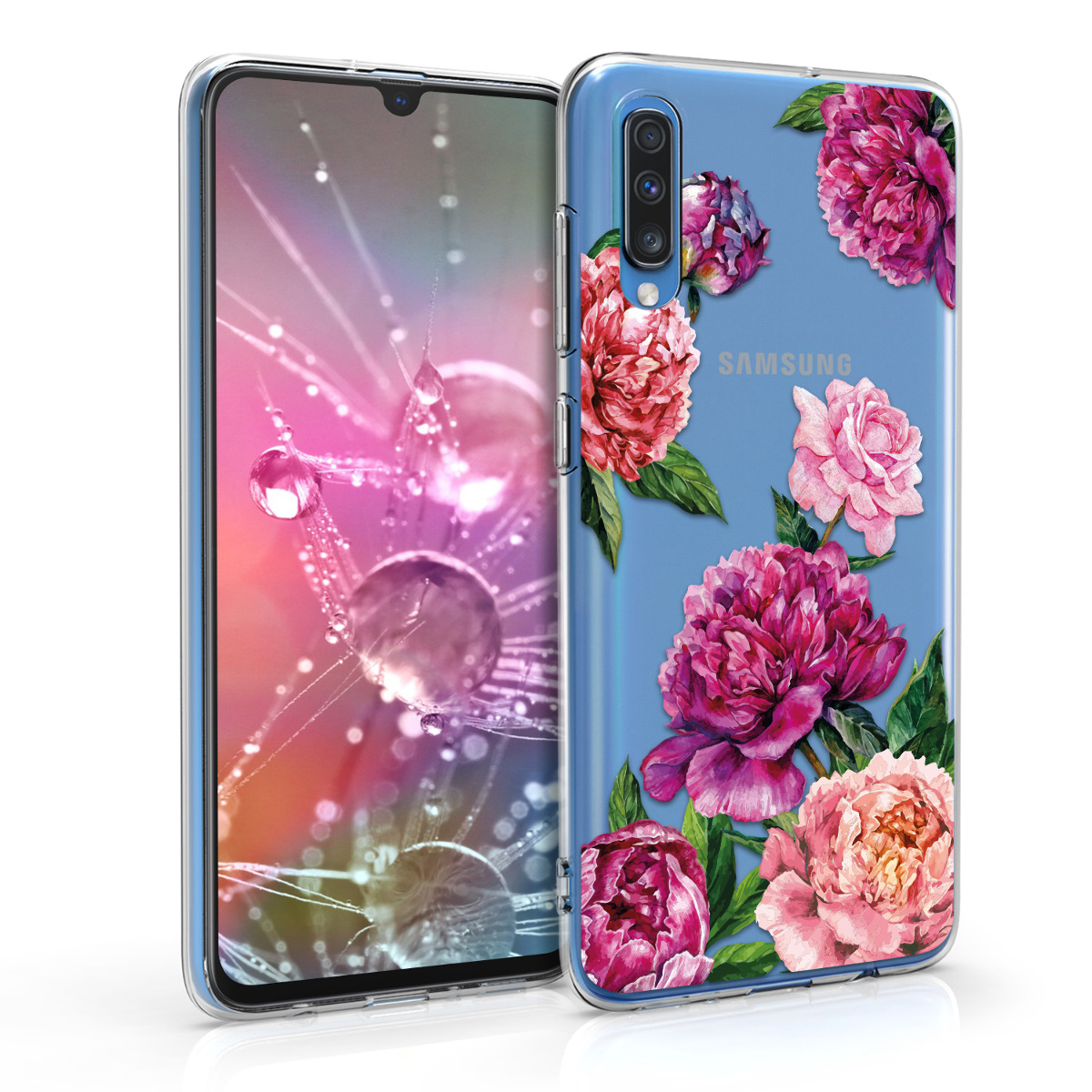 Kvalitní silikonové TPU pouzdro pro Samsung A70 - květiny Mix fialové / růžové / transparentní