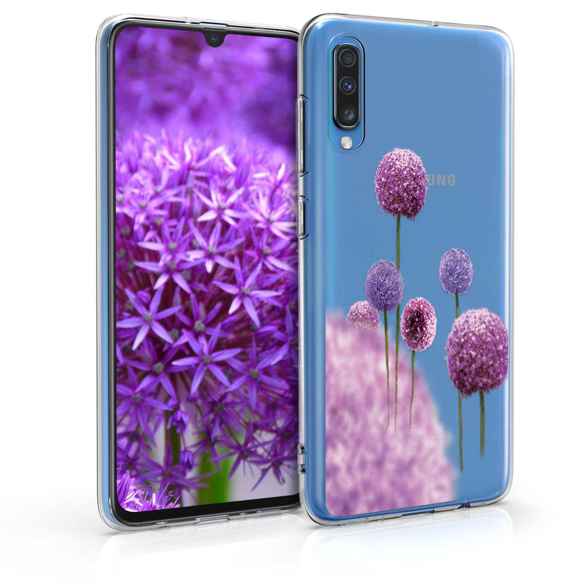 Kvalitní silikonové TPU pouzdro pro Samsung A70 - Květina koule tmavě růžová / fialová / transparentní