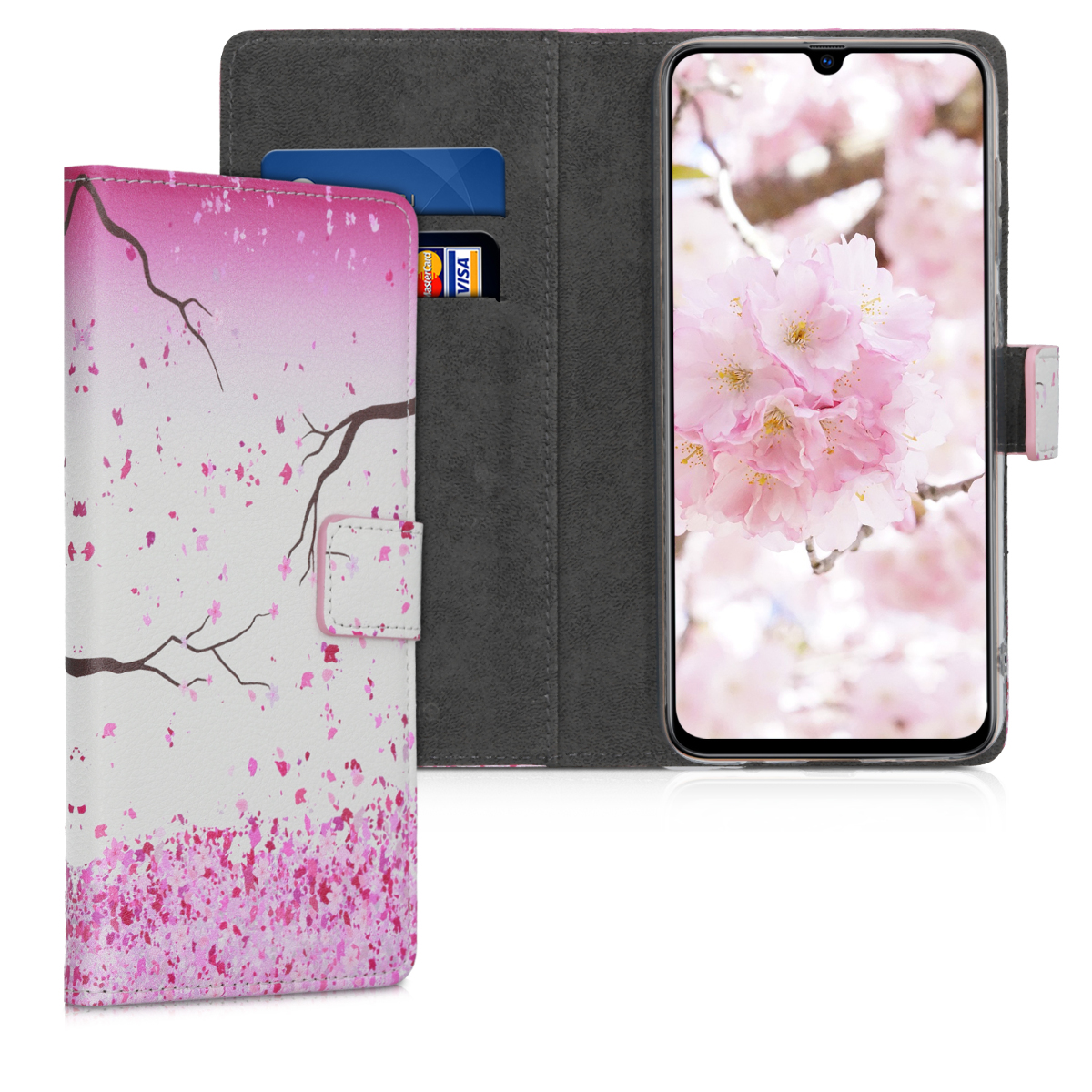 Kožené pouzdro pro Samsung A70 - Cherry Blossoms růžové / tmavě hnědá / bílá