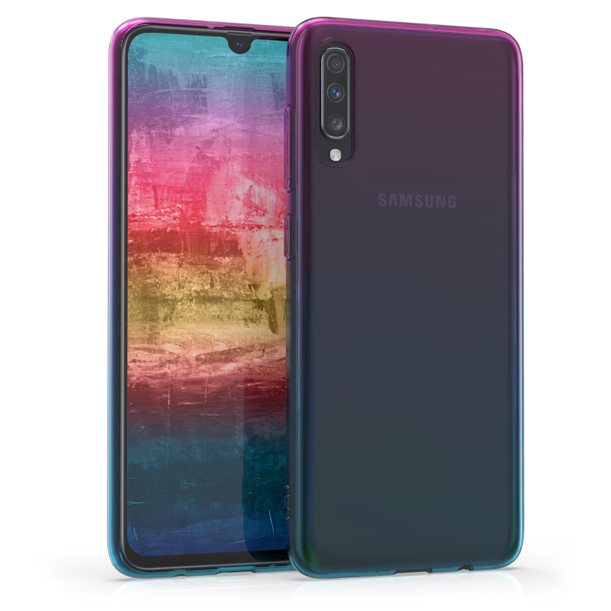 Kvalitní silikonové TPU pouzdro pro Samsung A70 - Bicolor tmavě růžová / modré / průhledná
