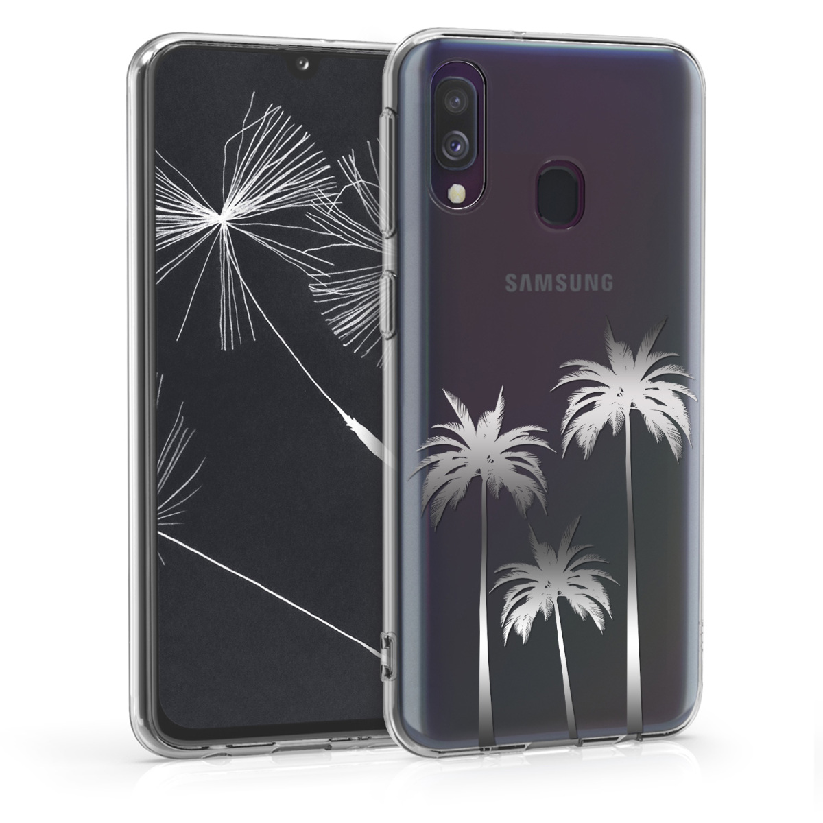 Kvalitní silikonové TPU pouzdro pro Samsung A40 - Palms stříbrné / transparentní