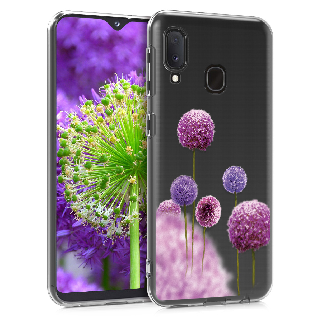 Kvalitní silikonové TPU pouzdro pro Samsung A20e - Květina koule tmavě růžová / fialová / transparentní