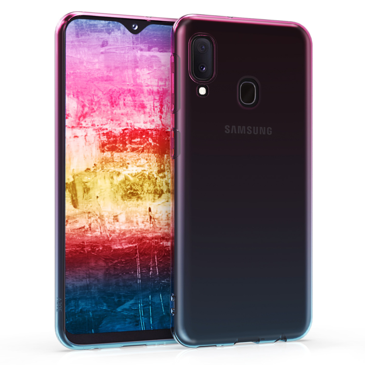 Kvalitní silikonové TPU pouzdro pro Samsung A20e - Bicolor tmavě růžová / modré / průhledná
