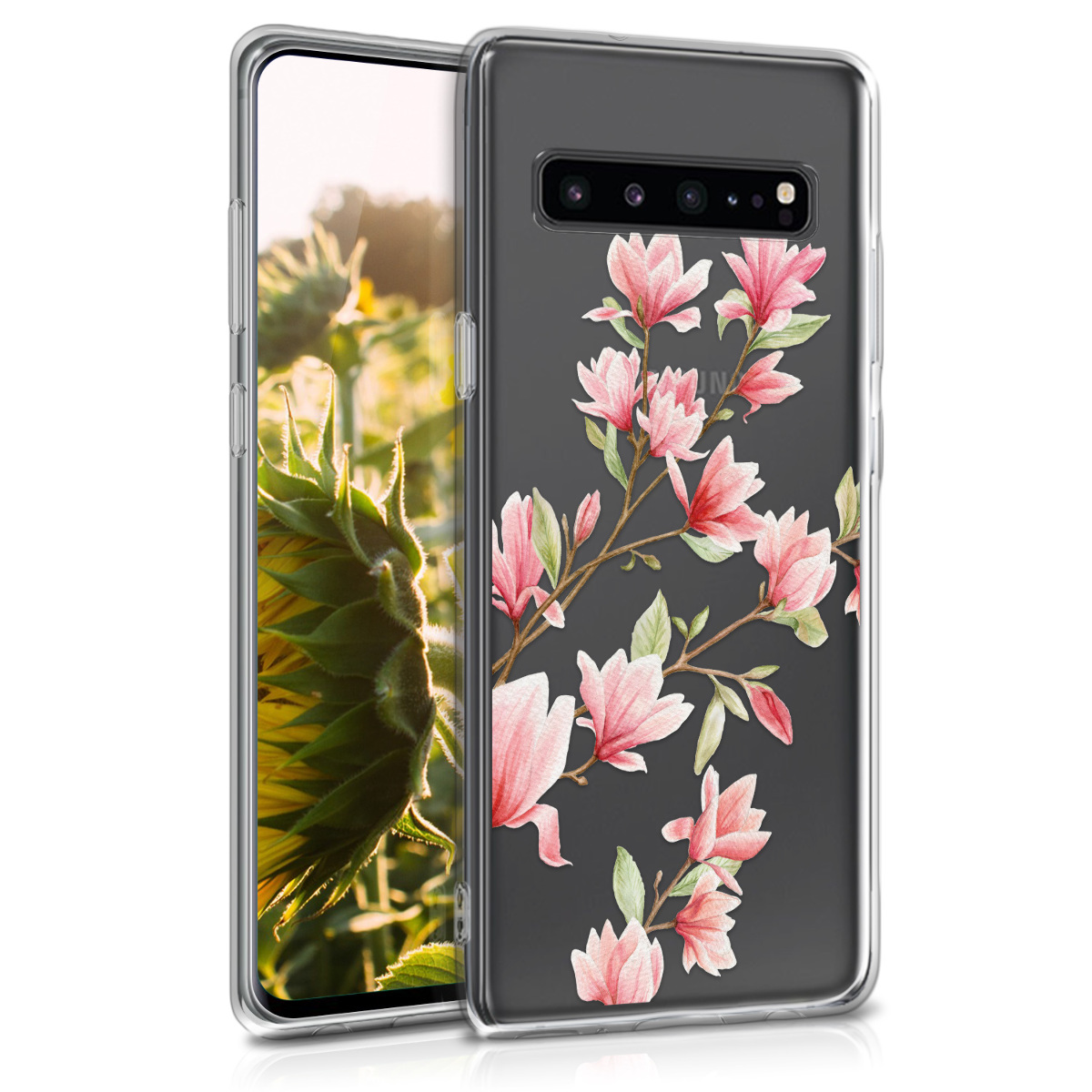 Kvalitní silikonové TPU pouzdro pro Samsung S10 5G - Magnolie růžové / bílé / transparentní
