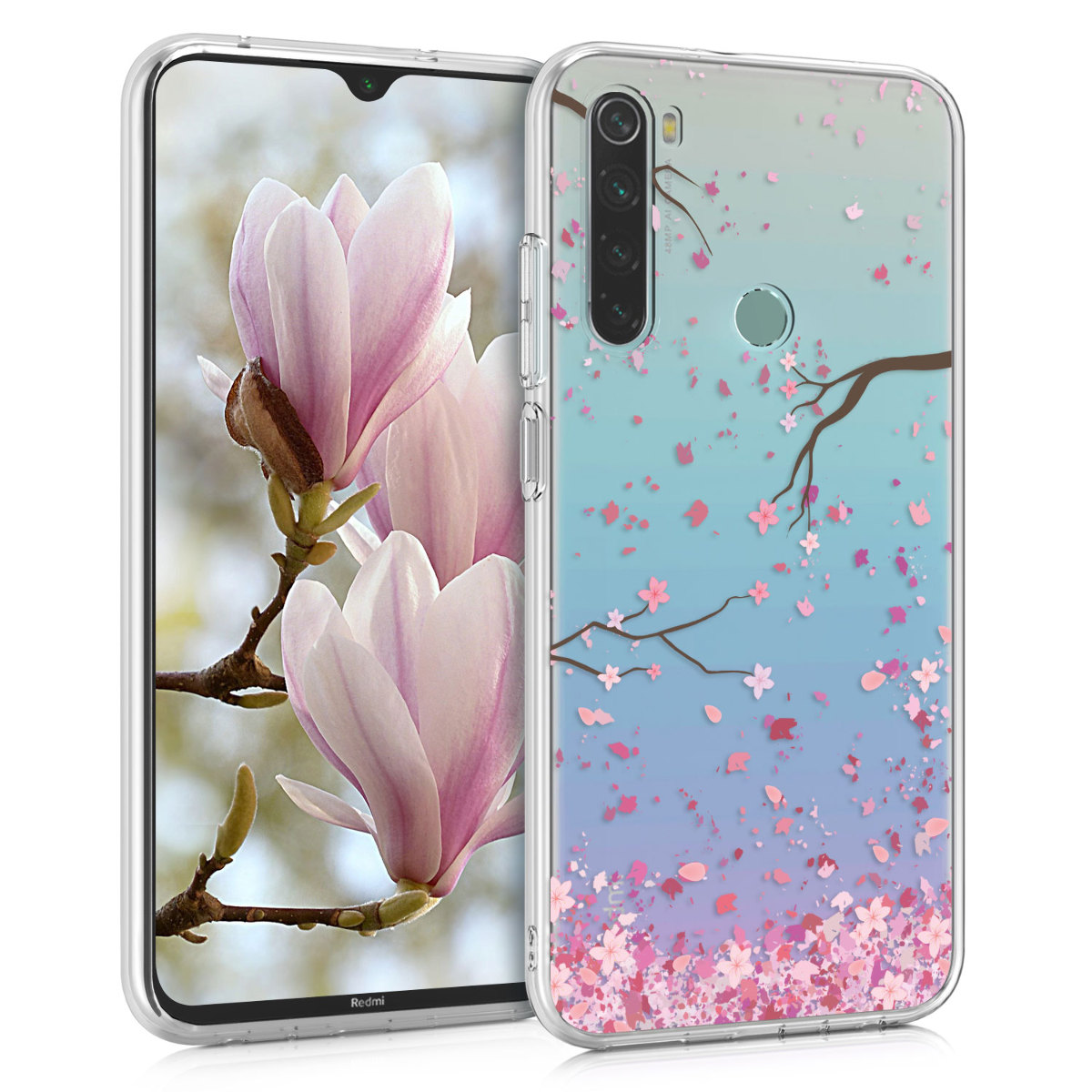 Kvalitní silikonové TPU pouzdro | obal pro Xiaomi Redmi Note 8 - Cherry Blossoms růžový / tmavě hnědá / transparentní