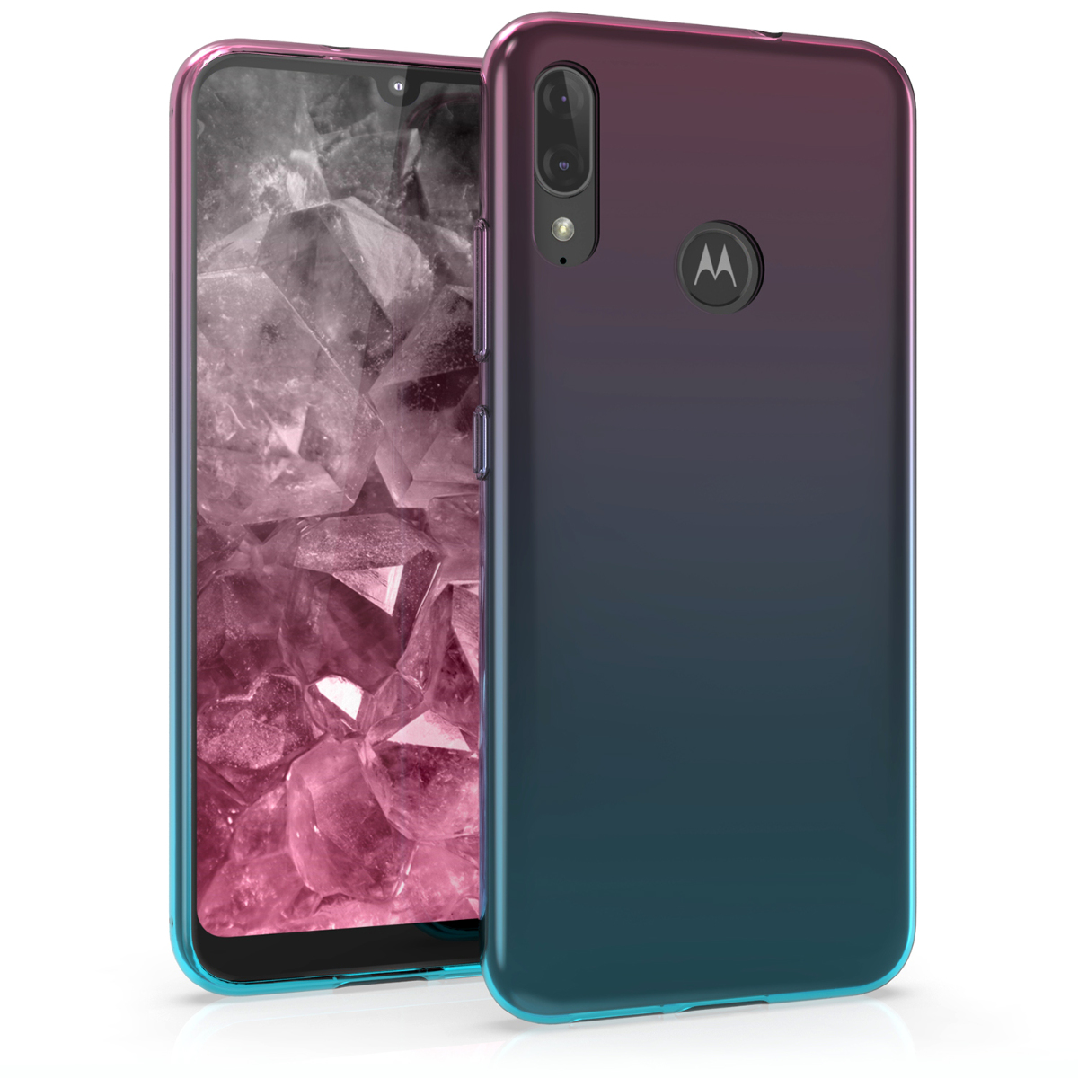 Kvalitní silikonové TPU pouzdro | obal pro Motorola Moto E6 plus - Dvoubarevná tmavě růžová / modrá / průhledná