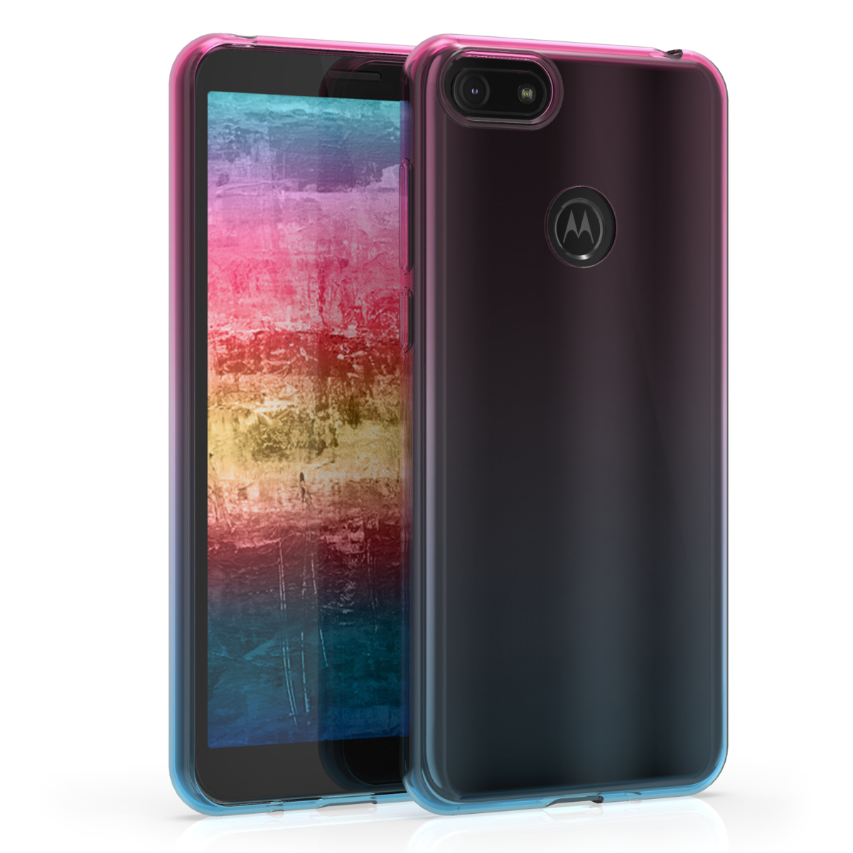 Kvalitní silikonové TPU pouzdro | obal pro Motorola Moto E6 Play - Dvoubarevná tmavě růžová / modrá / průhledná