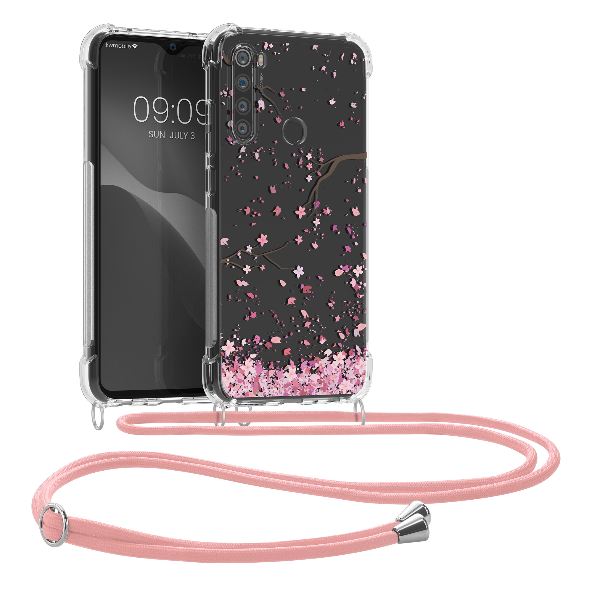 Pouzdro pro Xiaomi Redmi Note 8 (2019 / 2021) - Třešňové květy růžová / tmavě hnědá / průhledná