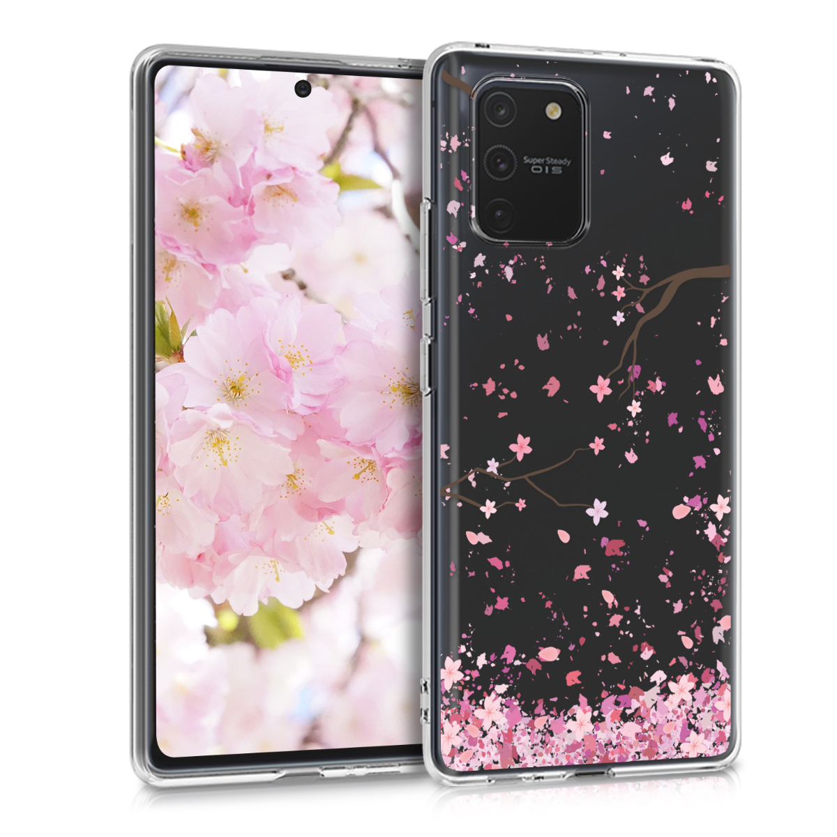 Kvalitní silikonové TPU pouzdro pro Samsung S10 Lite - Cherry Blossoms růžové / tmavě hnědá / transparentní