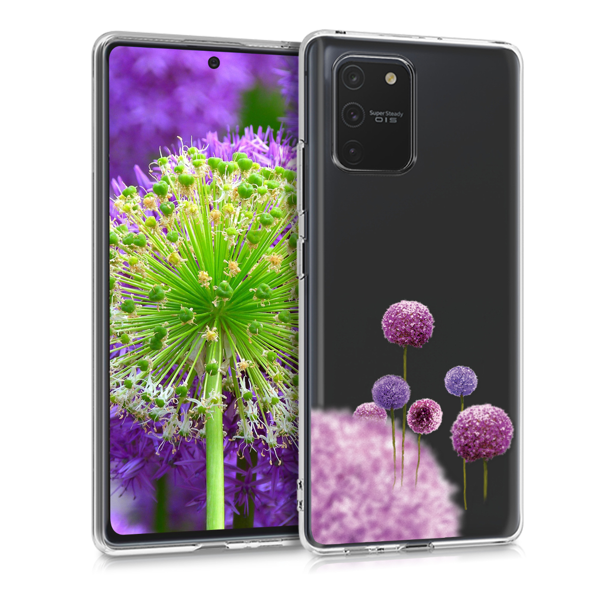 Kvalitní silikonové TPU pouzdro pro Samsung S10 Lite - Květina koule tmavě růžová / fialová / transparentní