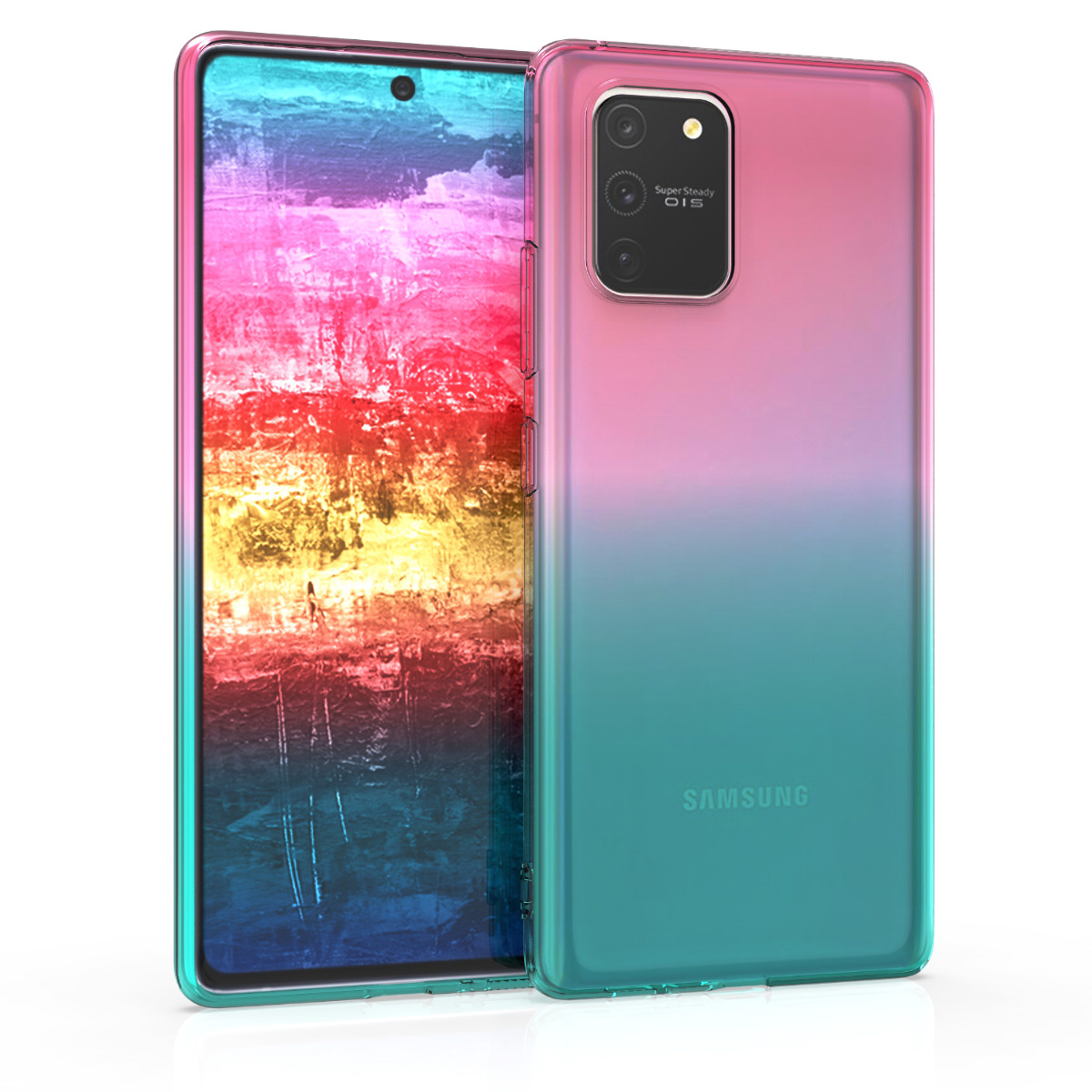 Kvalitní silikonové TPU pouzdro pro Samsung S10 Lite - Bicolor tmavě růžová / modré / průhledná
