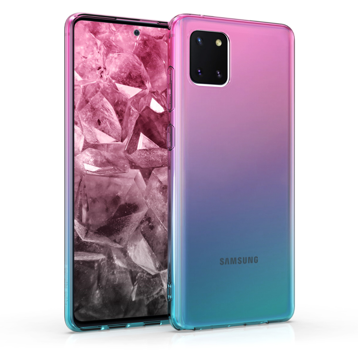 Kvalitní silikonové TPU pouzdro pro Samsung Note 10 Lite - Bicolor tmavě růžová / modré / průhledná
