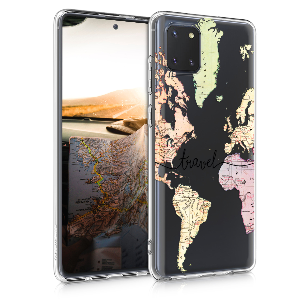 Kvalitní silikonové TPU pouzdro pro Samsung Note 10 Lite - Travel černé / Multicolor / transparentní