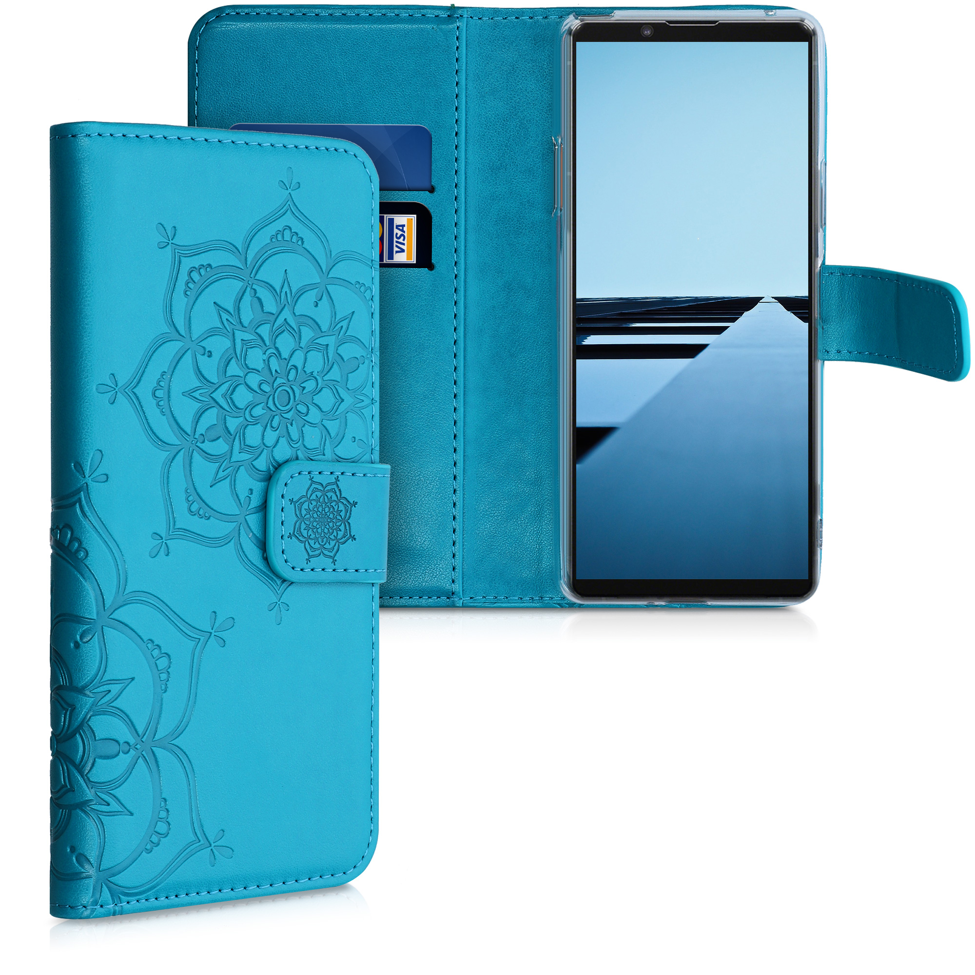 Kožené pouzdro | obal pro Sony Xperia 10 II - květina Twins tmavé modré
