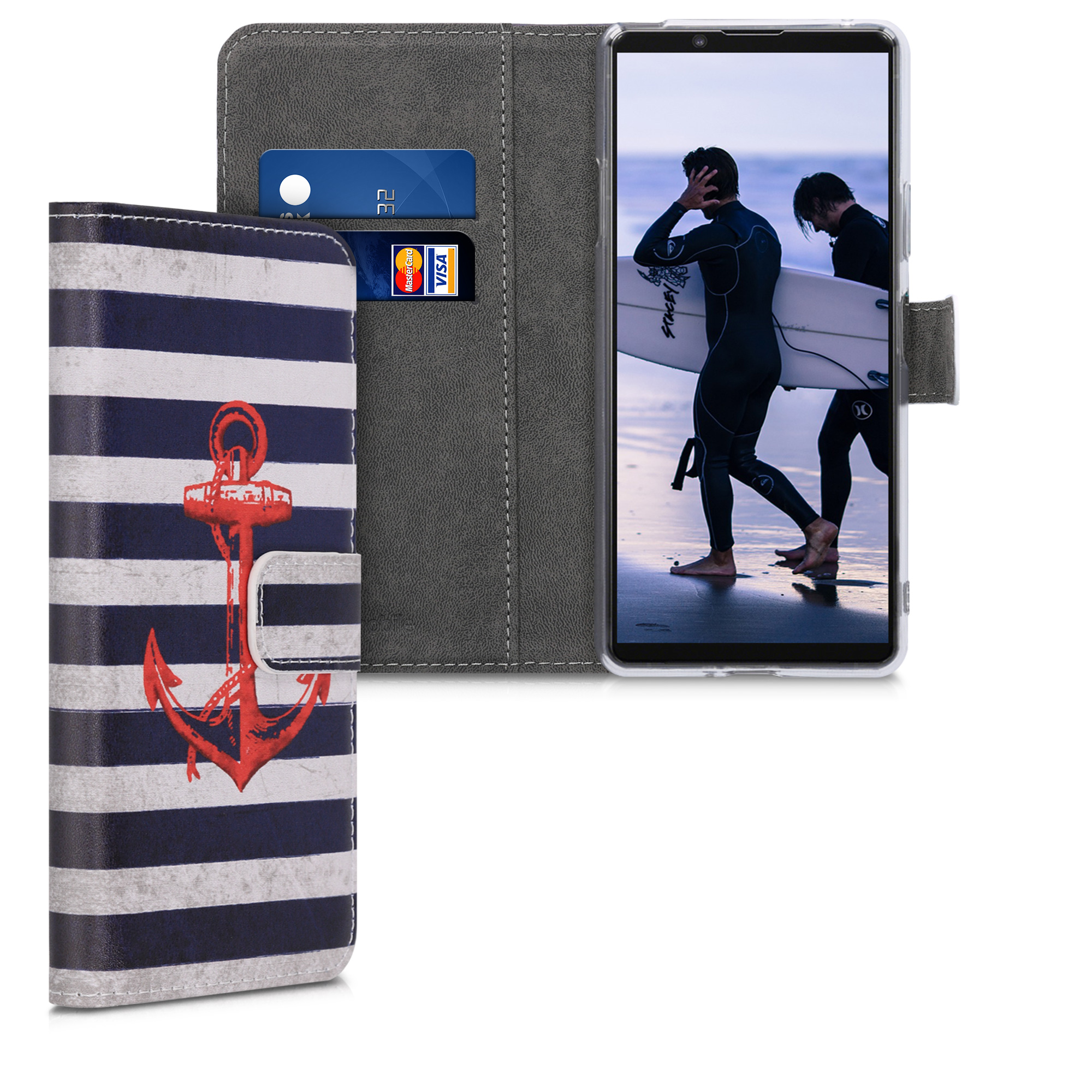 Kožené pouzdro | obal pro Sony Xperia 10 II - Vintage Anchor Stripes červené / tmavé modré / bílé