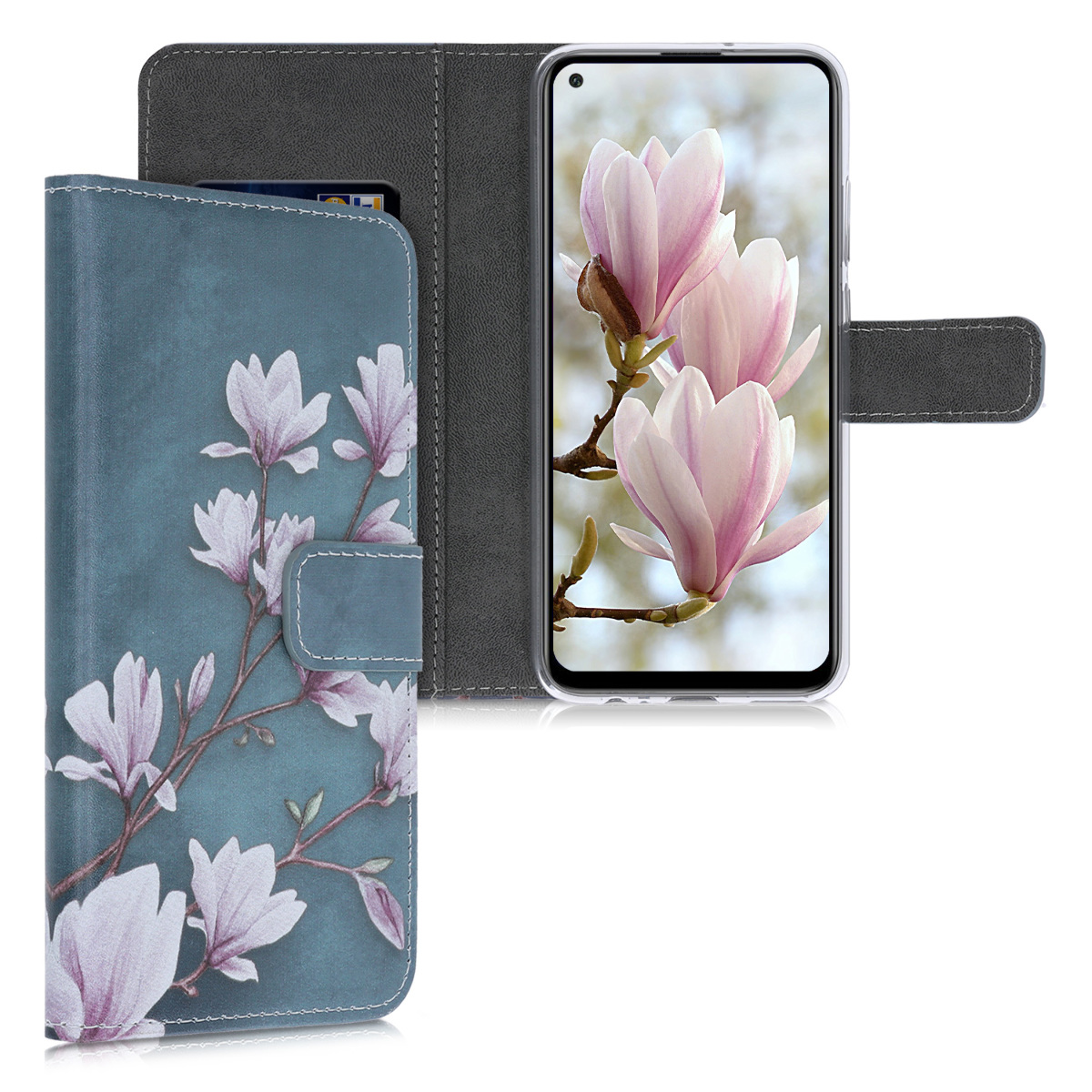 Kožené šedohnědé pouzdro / obal peněženka s magnoliemi s  pro Huawei P40 Lite E