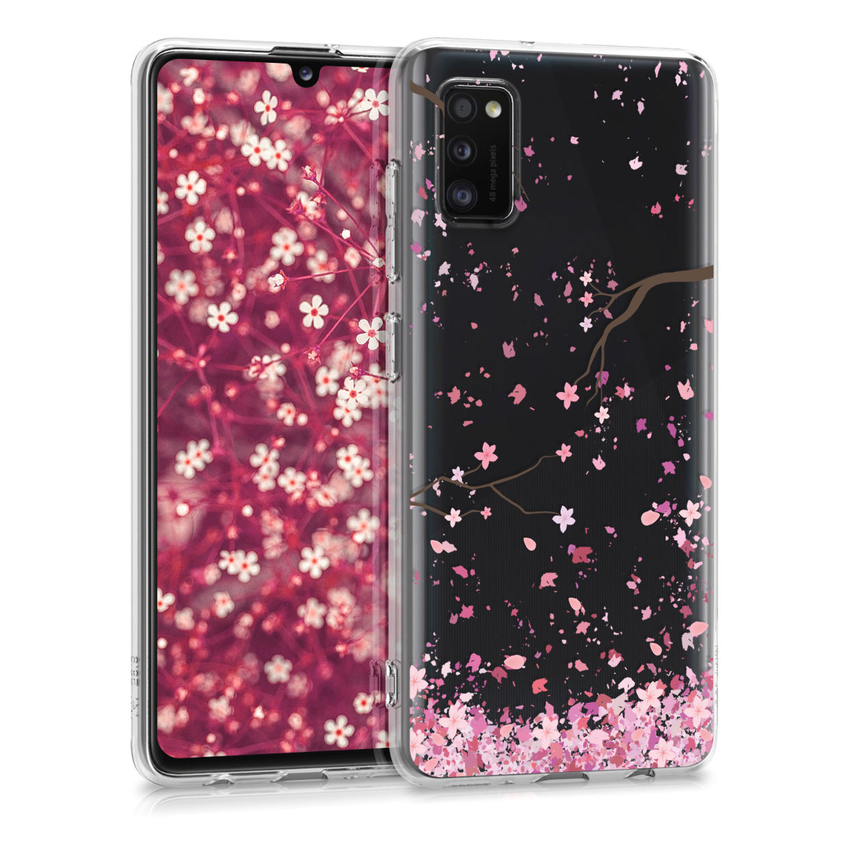 Kvalitní silikonové TPU pouzdro pro Samsung A41 - Cherry Blossoms růžové / tmavě hnědá / transparentní