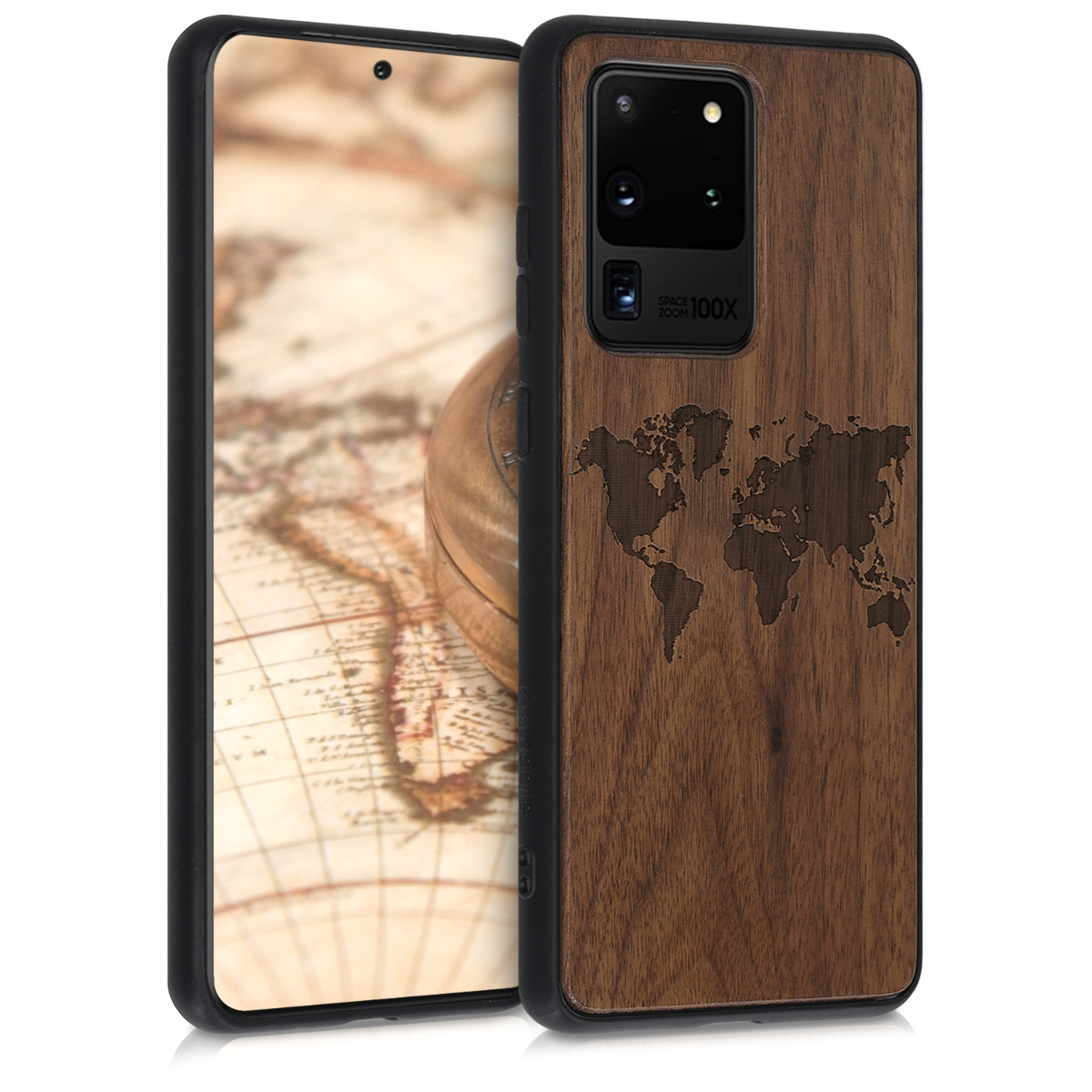 Dřevěné cestovatelské pouzdro / obal s motivem mapy světa pro Samsung S20 Ultra