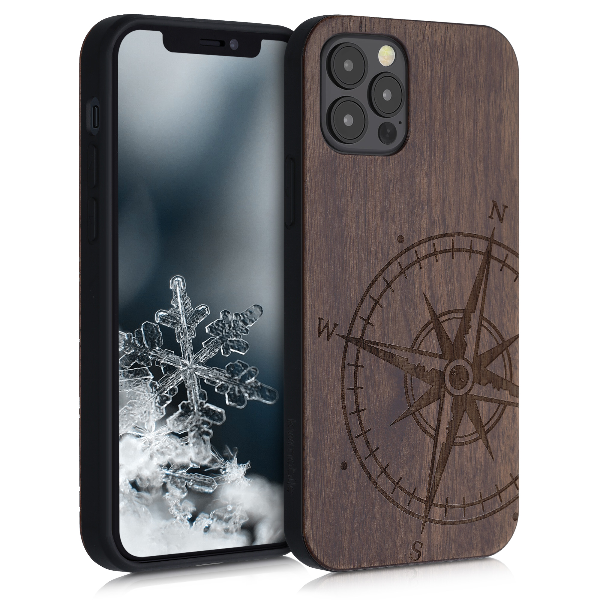 Dřevěné pouzdro pro Apple iPhone 12 / 12 Pro - Navigační Compass Dark Brown