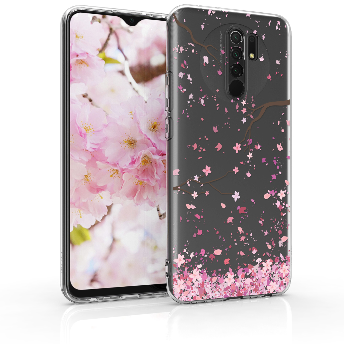 Průhledné pouzdro pro Xiaomi Redmi 9 - Třešňové květy Růžová / Tmavě hnědá / Průhledná