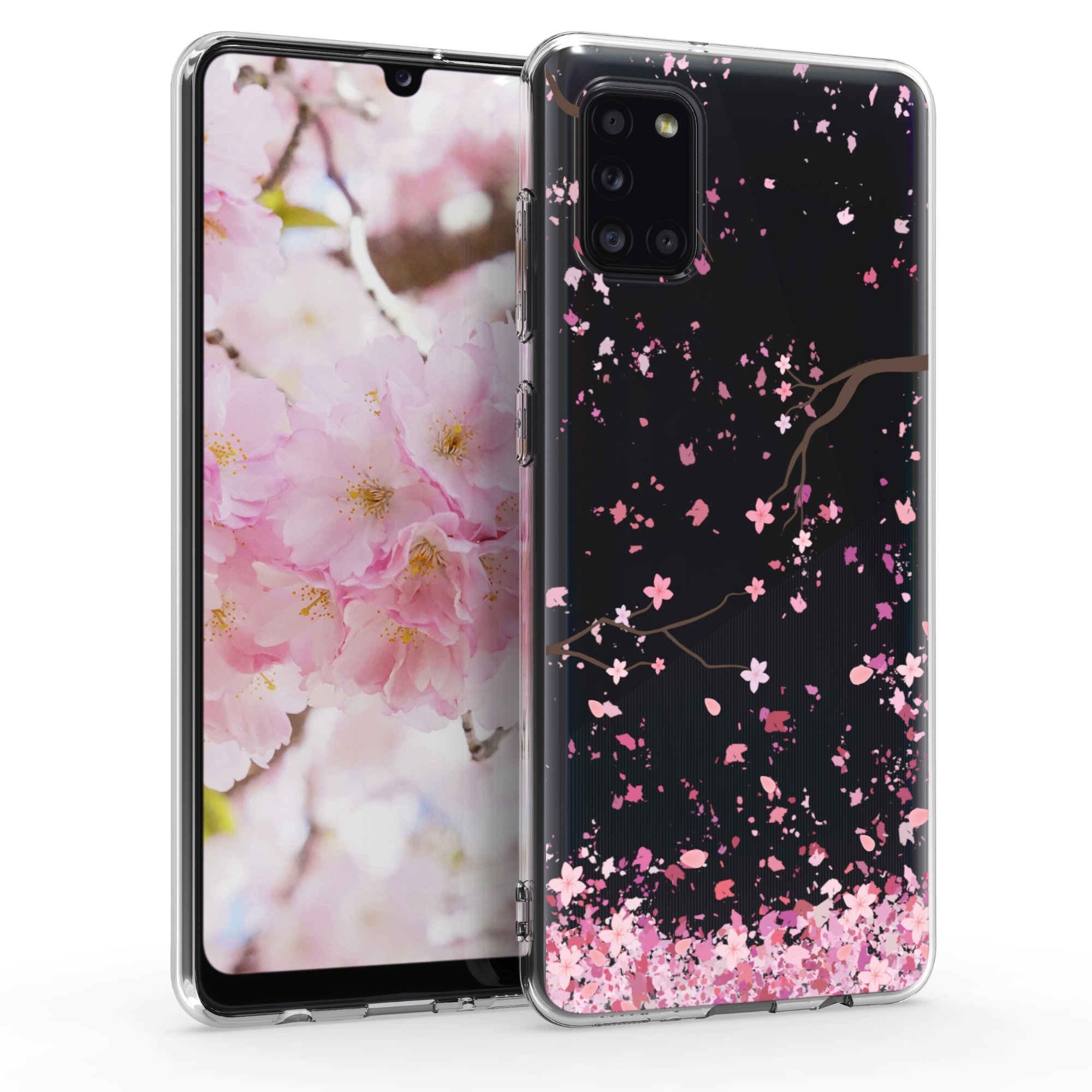 Kvalitní silikonové TPU pouzdro pro Samsung A31 - Cherry Blossoms růžové / tmavě hnědá / transparentní