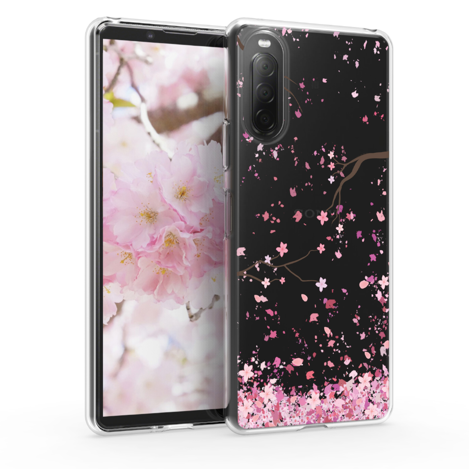 Kvalitní silikonové TPU pouzdro | obal pro Sony Xperia 10 II - Cherry Blossoms růžové / tmavě hnědé / průhledné