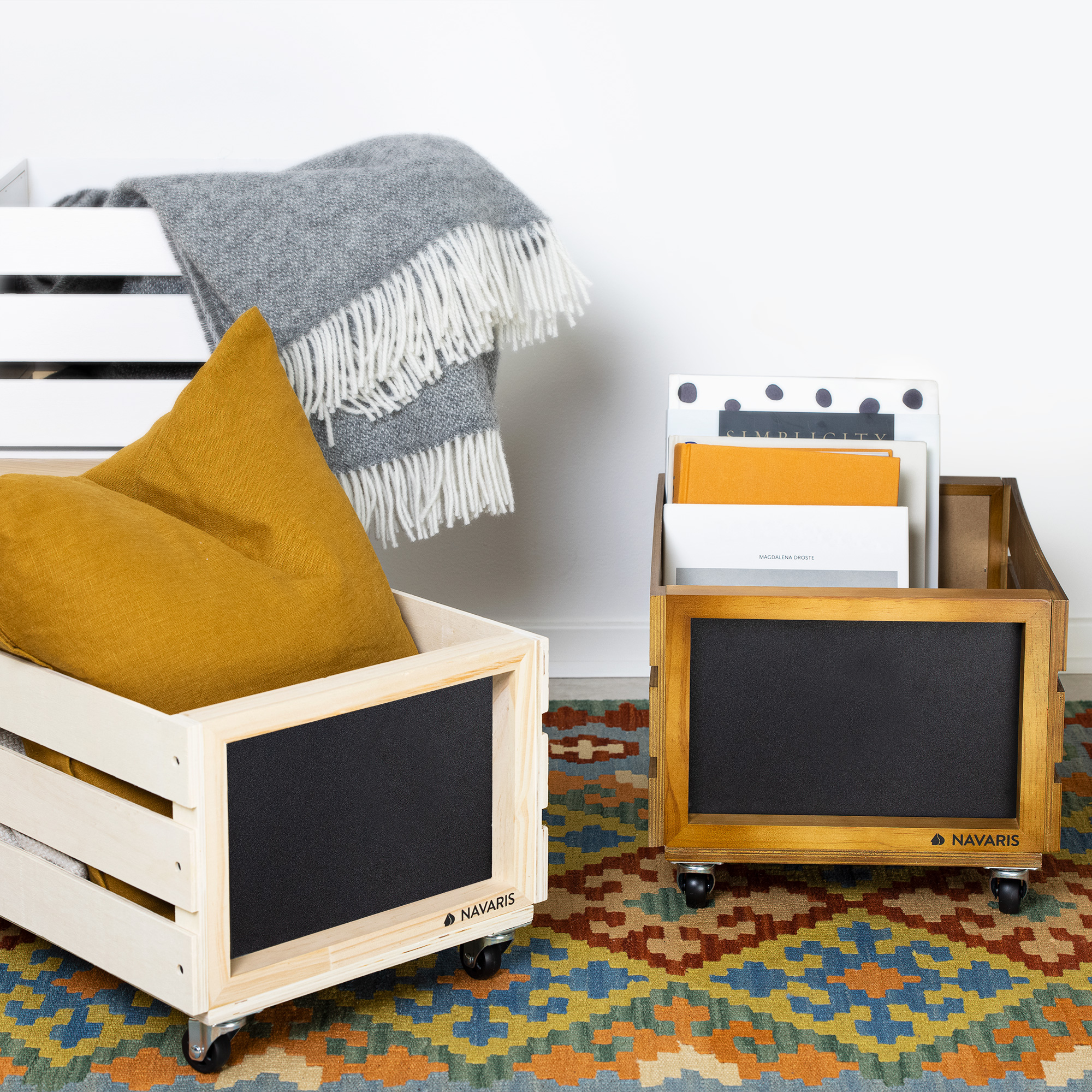 Holz Schallplatten Kiste mit Kreidetafel Räder Vinyl Aufbewahrung