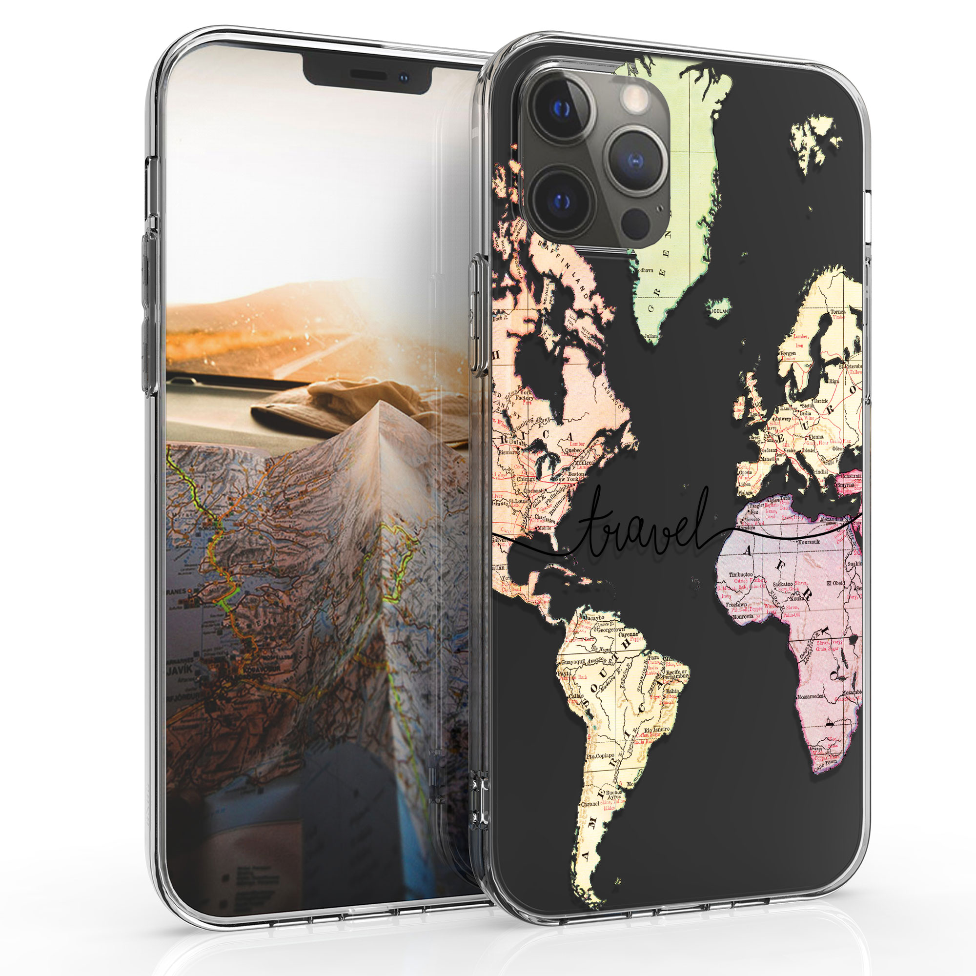 Kvalitní silikonové TPU pouzdro pro Apple iPhone 12 Pro Max - Travel Black | Multicolor | Transparent