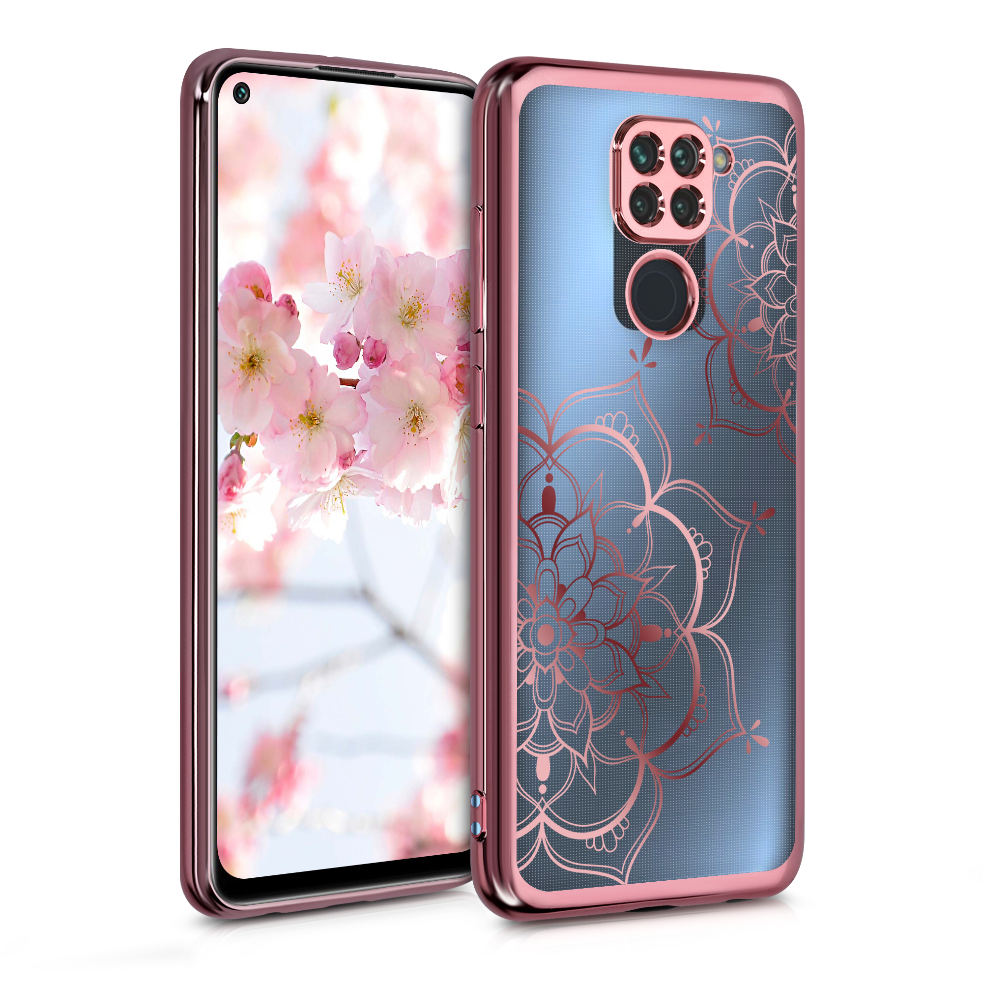 Křišťálové TPU pouzdro pro Xiaomi Redmi Note 9 - Květinová dvojčata Růžové zlato / Růžové zlato / Průhledné