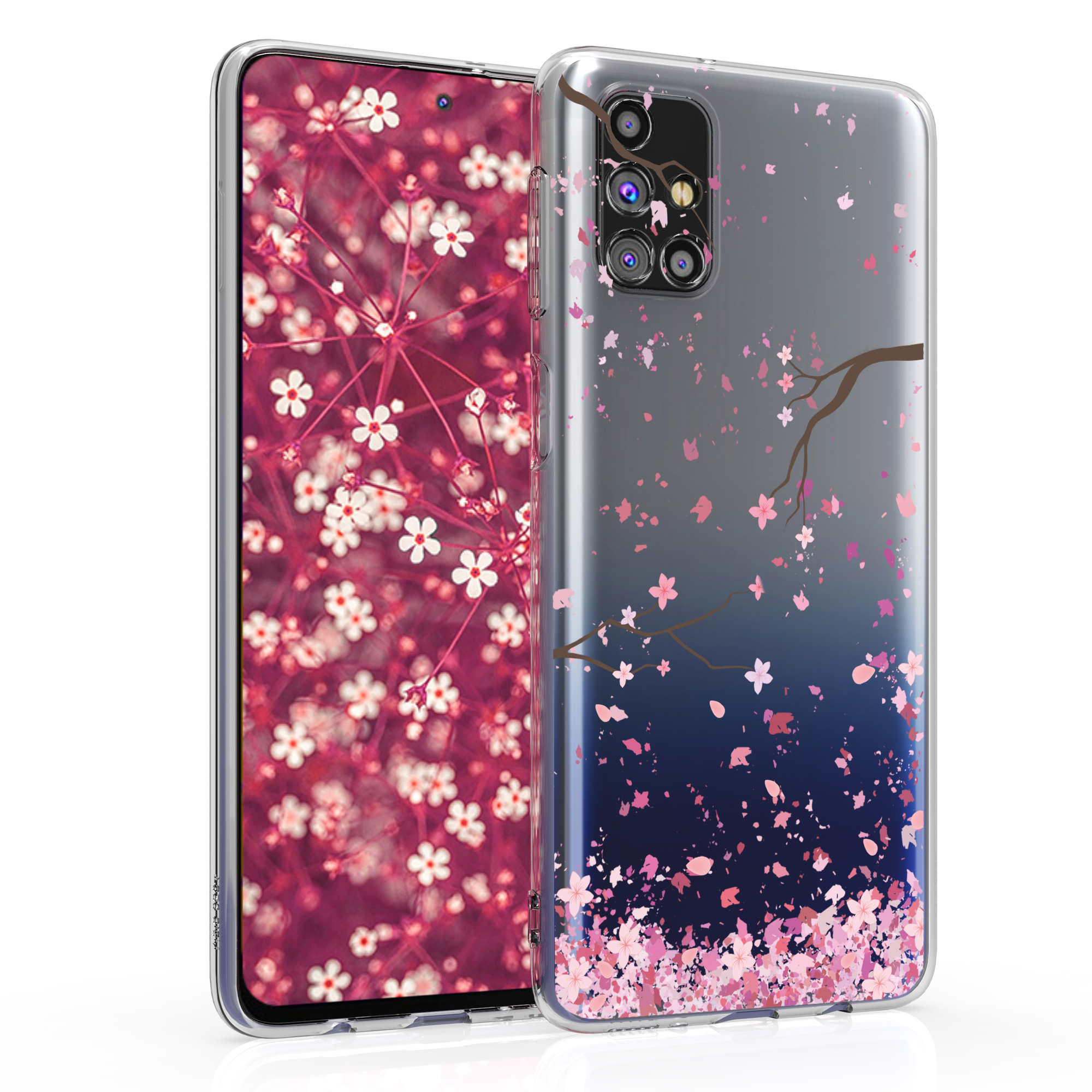 Kvalitní silikonové TPU pouzdro pro Samsung M31s - Cherry Blossoms růžové / tmavě hnědá / transparentní
