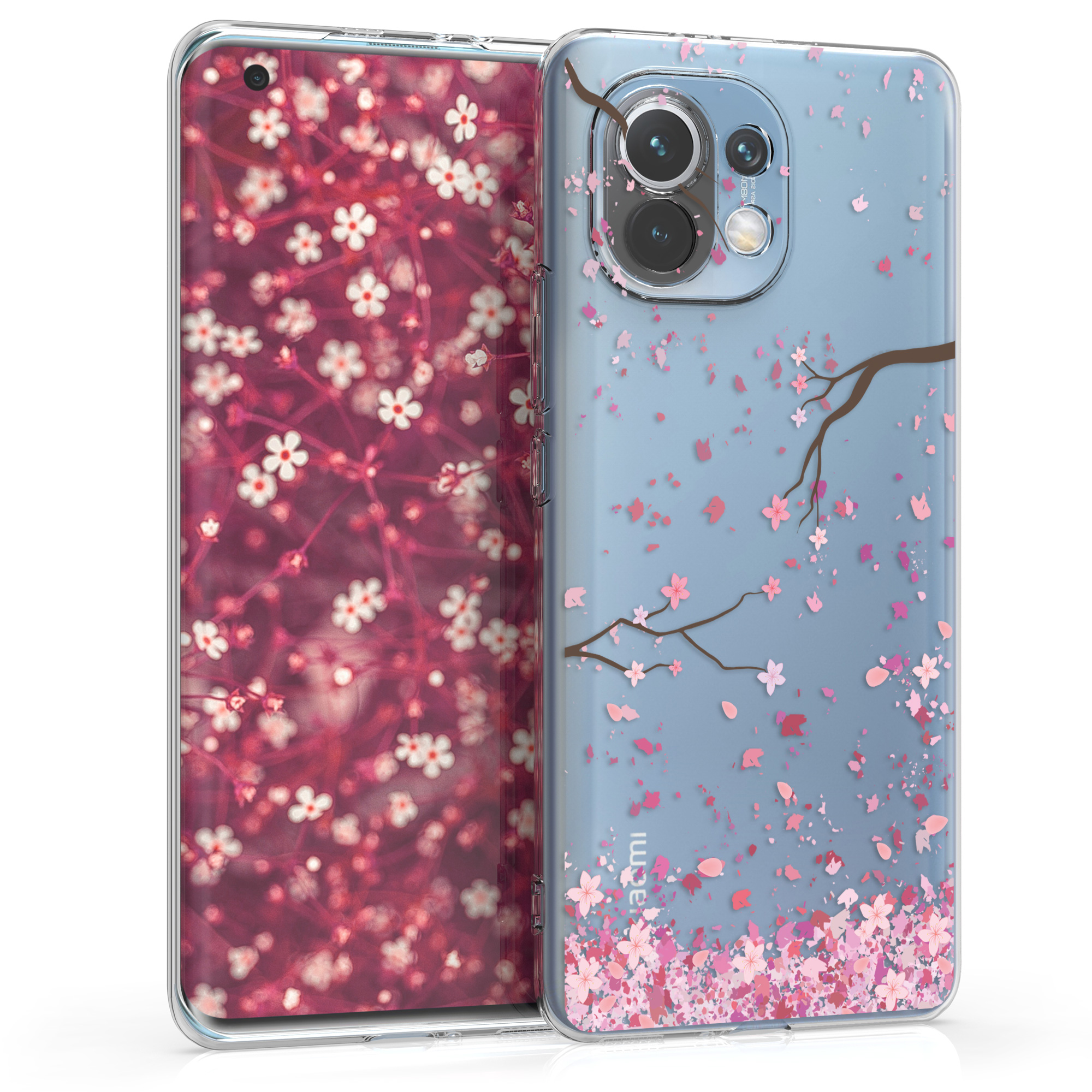 Průhledné pouzdro pro Xiaomi Mi 11 - Třešňové květy růžová / tmavě hnědá / průhledná